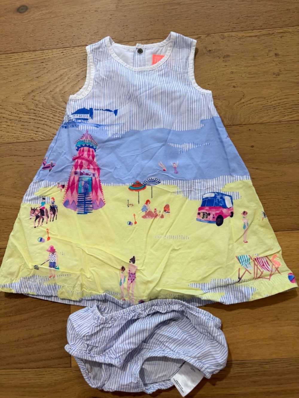 Joules Girls' Sleeveless Beach Print Dress & Bloomers -Blue, Yellow, Pink 12-18m
